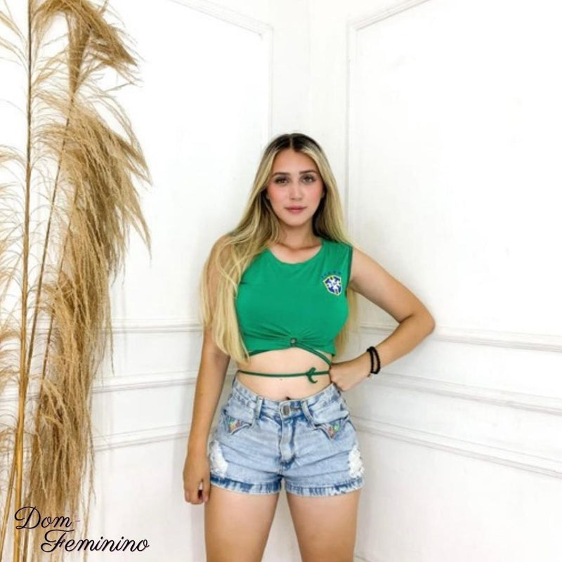 Cropped Brasil Tecido Suede com Amarração